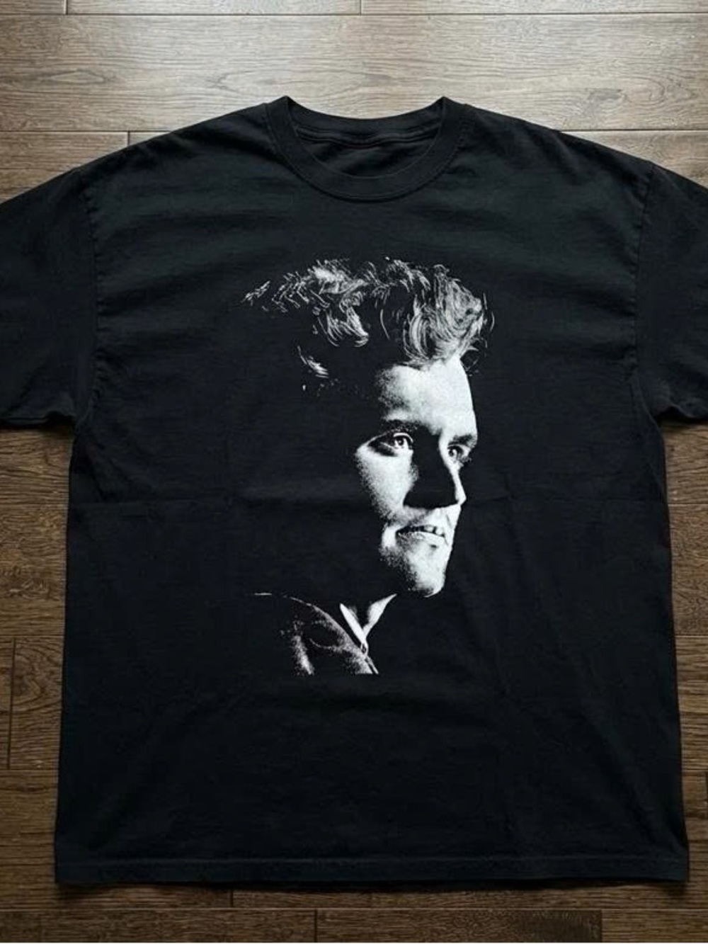 Black Tee with High-Contrast White Portrait Graphic